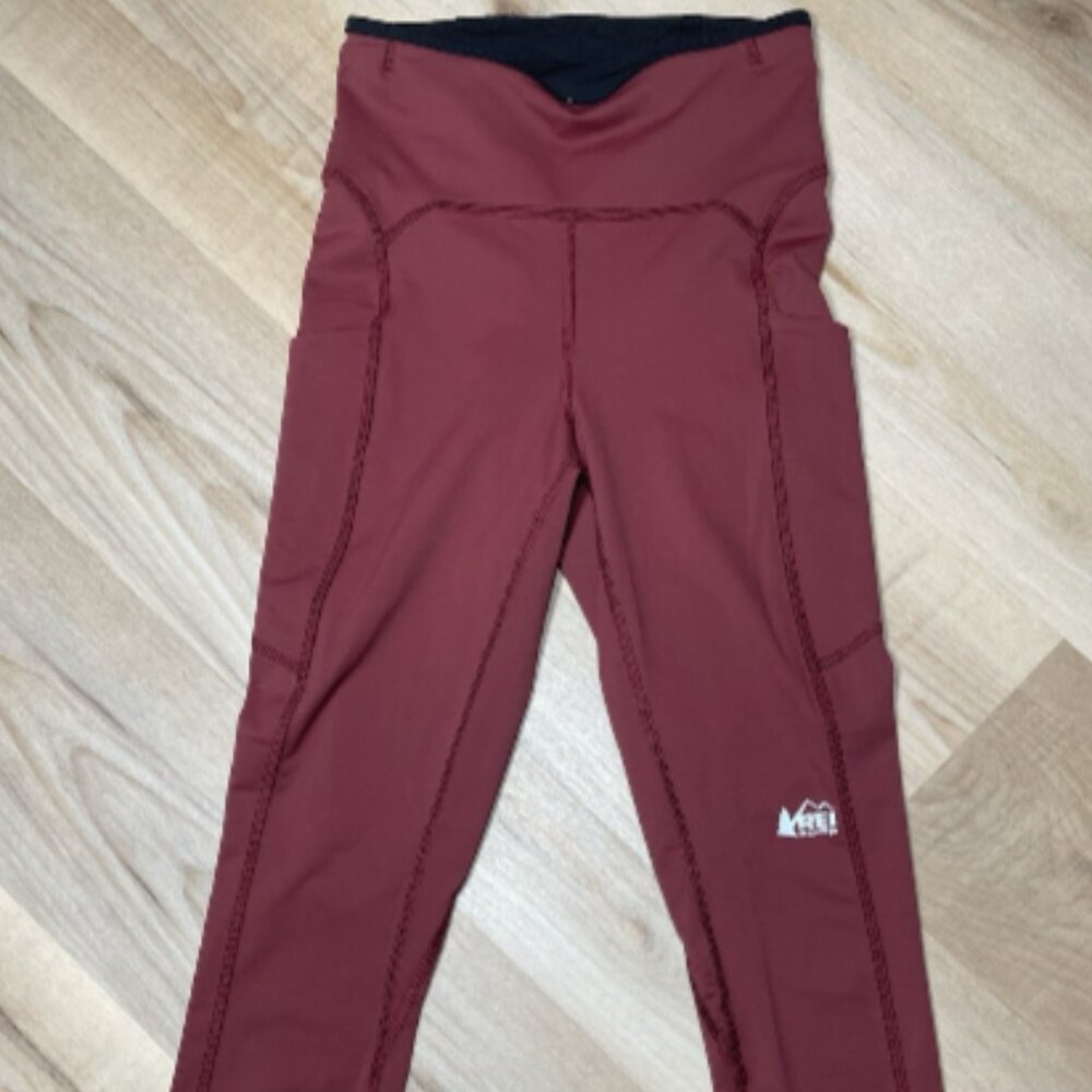 REI Co-op Womens Small Trail Running Leggings Red High‎ Rise Pocket Activewear